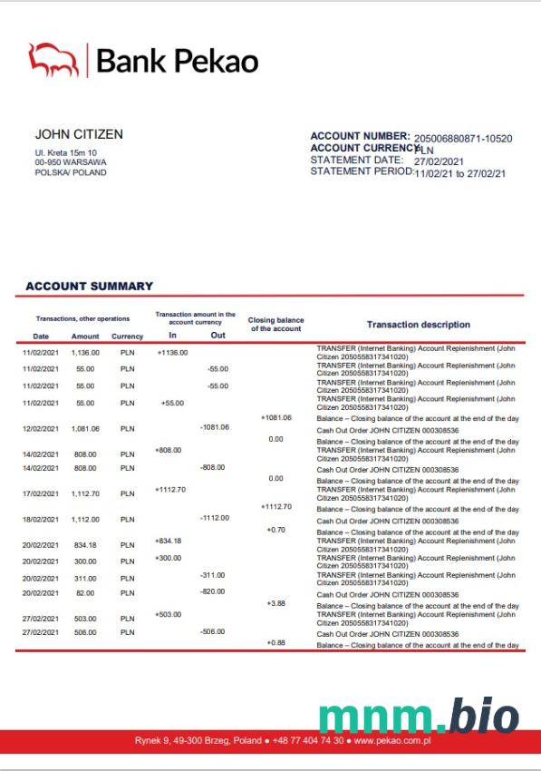 Bank Polski Pekao S. A. szablon w formacie excel pdf